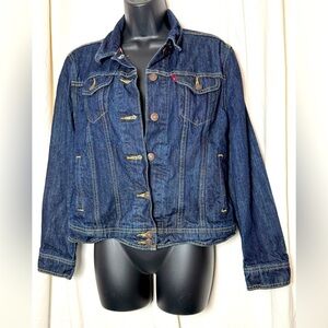 Levi's Women's Sz M Flannel Lined Classic Jean Trucker Jacket Dark Wash Denim